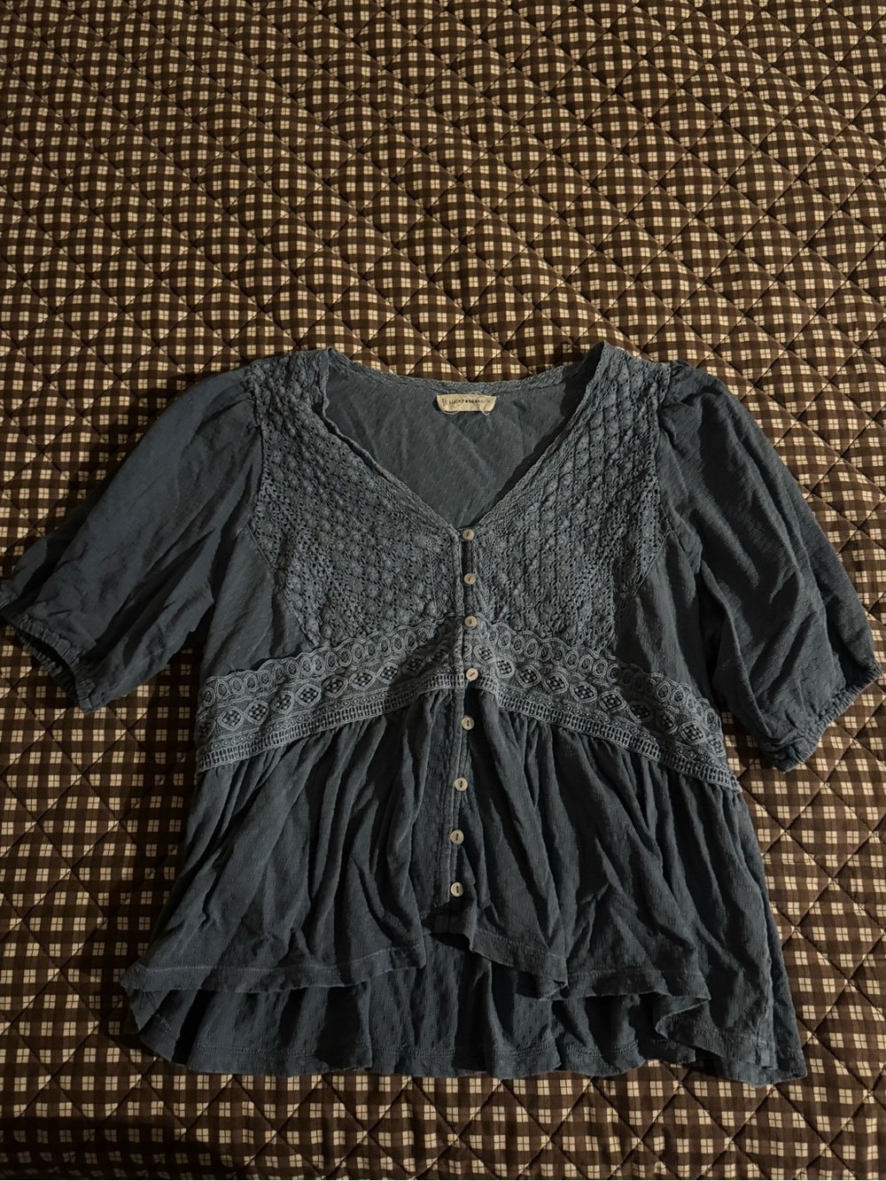 Lucky Brand Slate Blue Lace-Trim Button Front Blouse